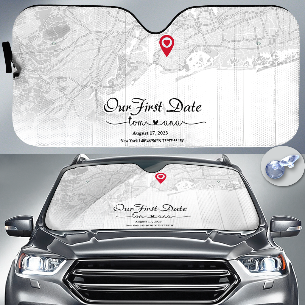 Create an Anniversary Gift for Couple with Our First Day Map on Car Auto Sun Shade