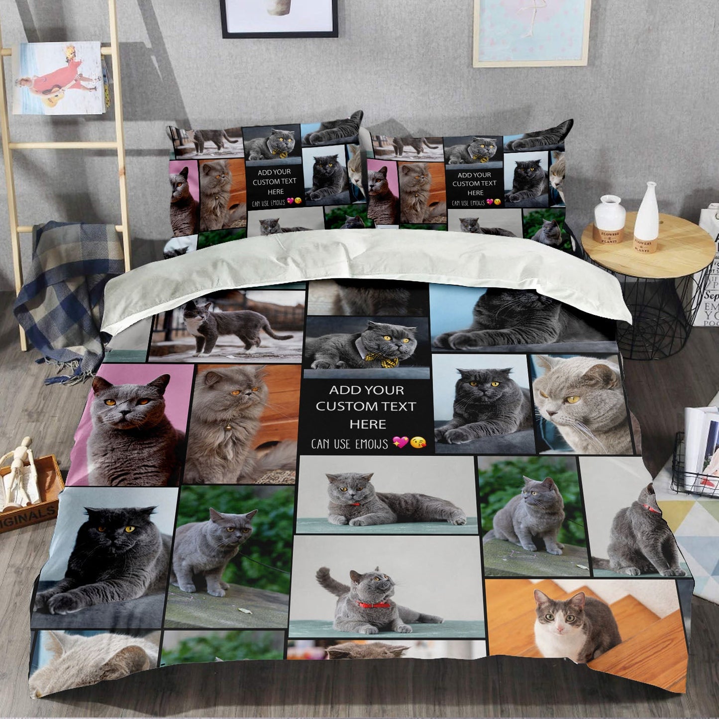 Create a Pet Cat Lovers Gift, Cat Mom Gift with Collage Photo & Text on Bedding Set