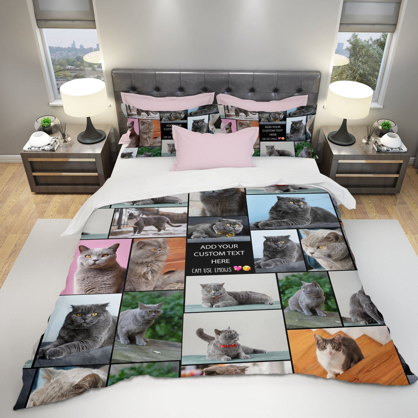 Create a Pet Cat Lovers Gift, Cat Mom Gift with Collage Photo & Text on Bedding Set