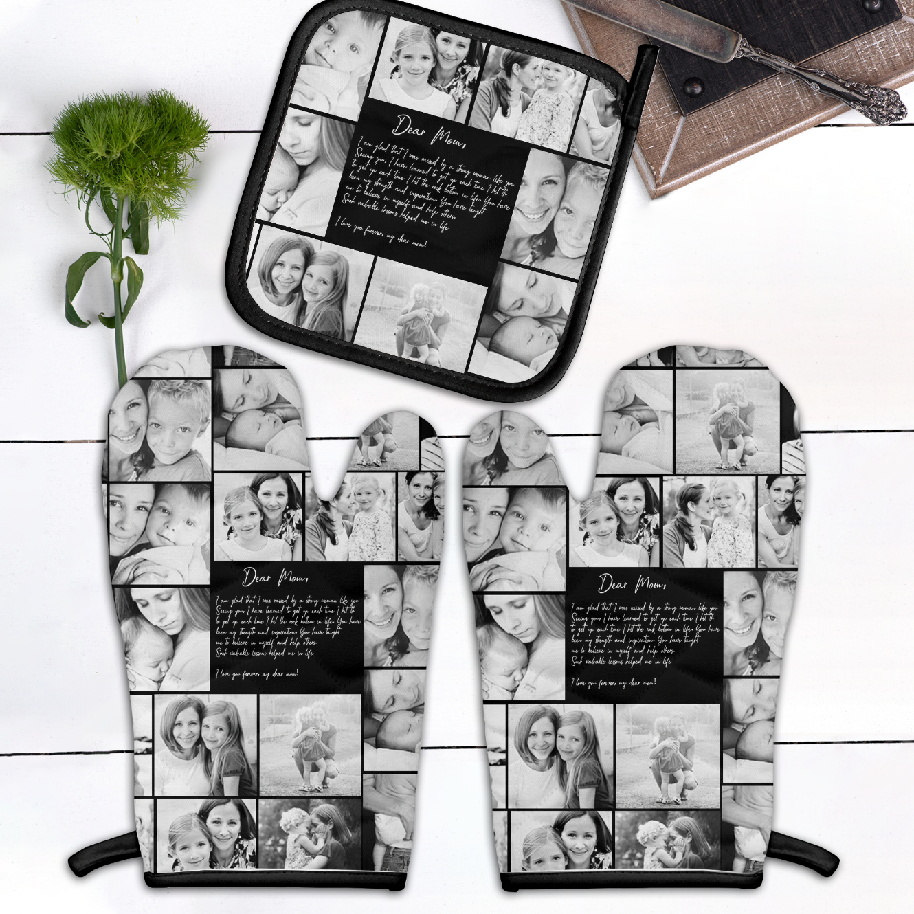 Create Your Own Mom’s Combo 2 Oven mitts and 1 Pot-Holder – Photo Collage & Custom Text