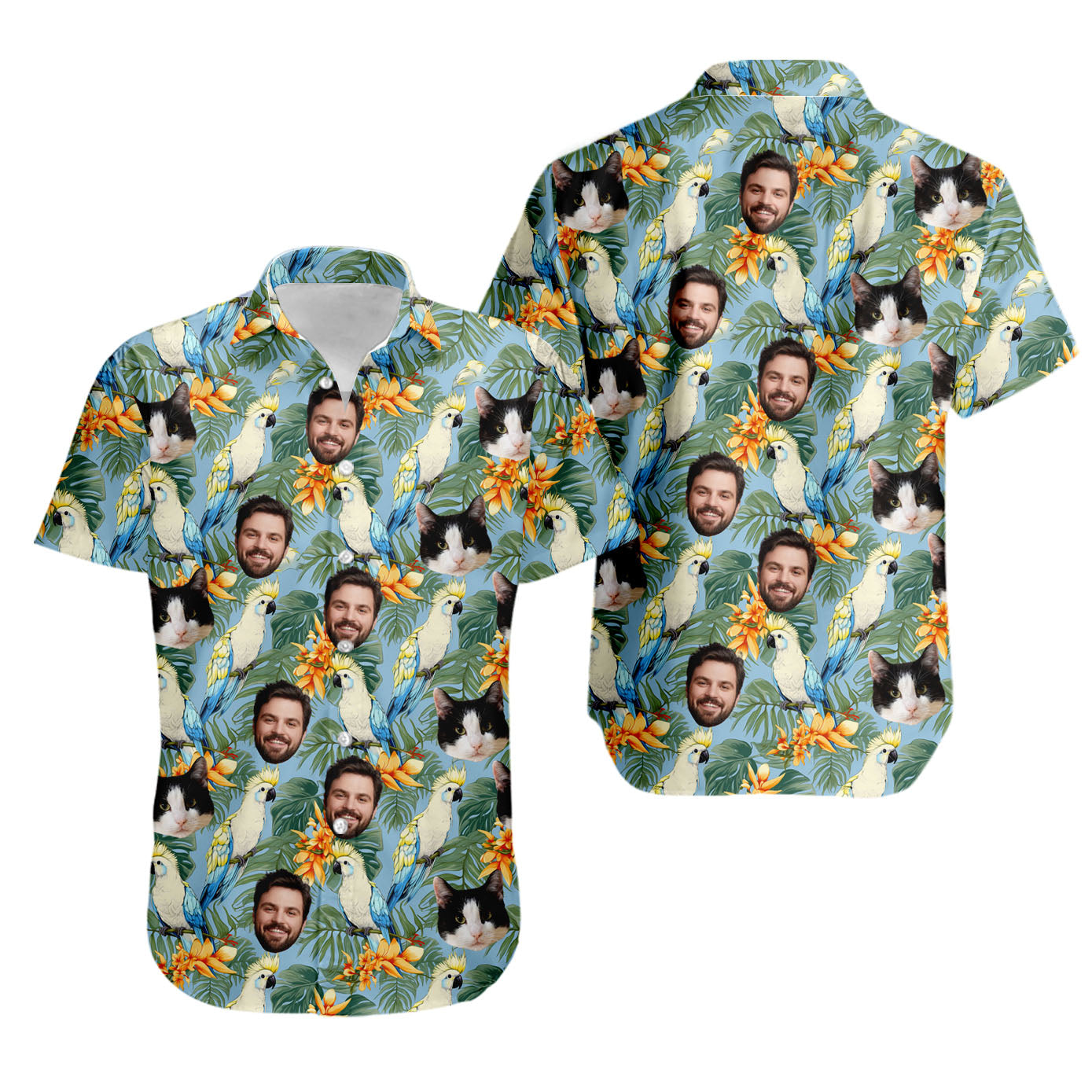 Retro Tropical Aloha Parrot Unisex Hawaiian Shirt with Pet or Human Face on it