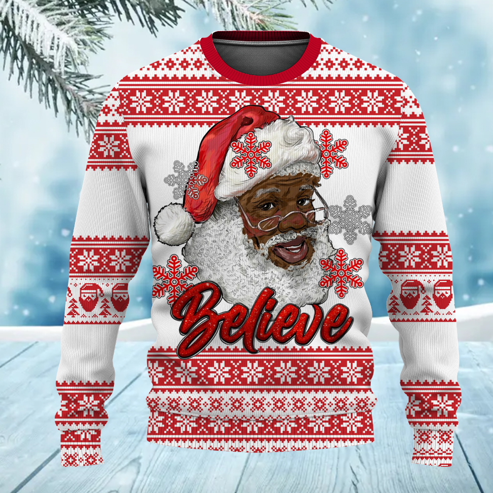 African American Santa Believe Merry Christmas Ugly Sweater for Adult & Kids