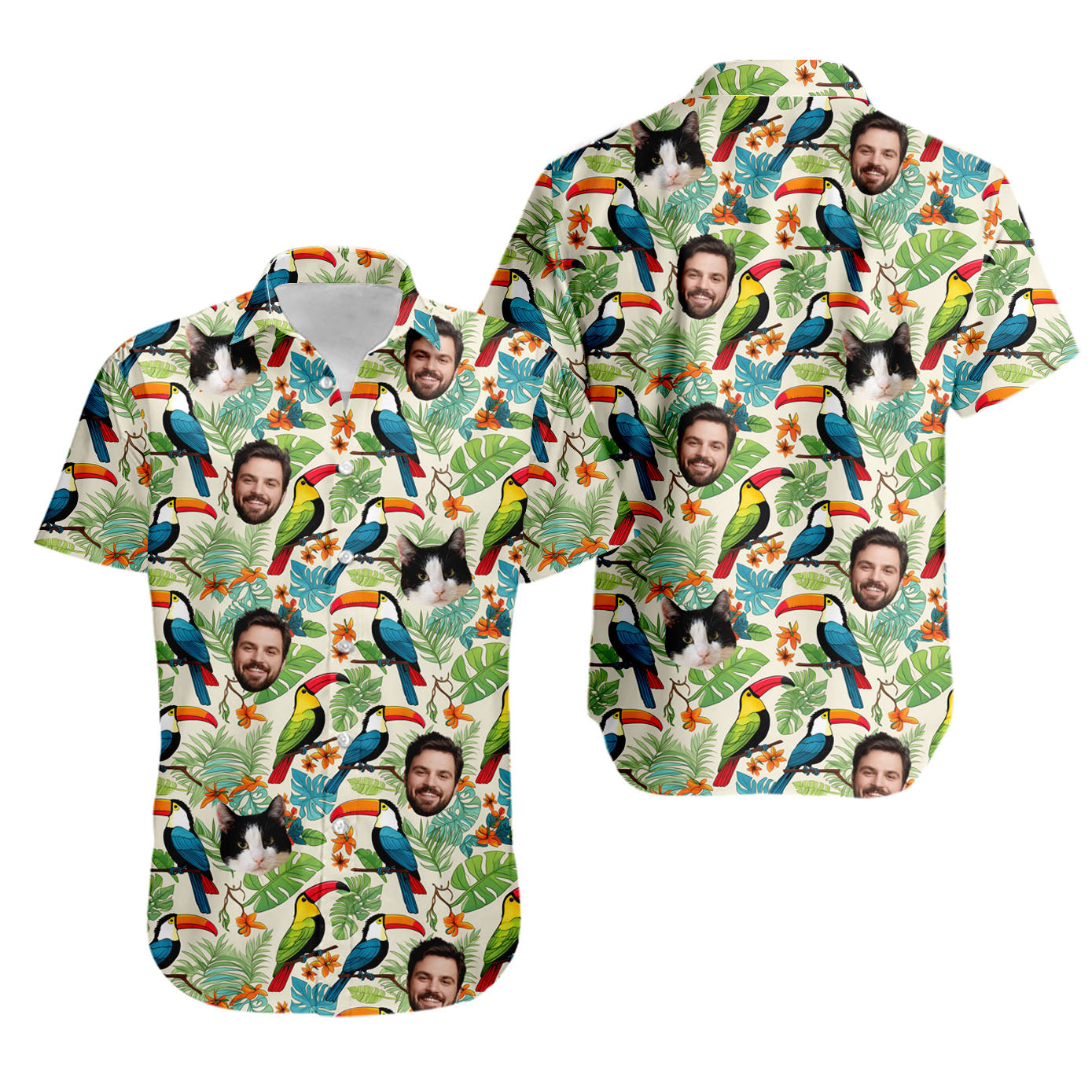 Retro Tropical Aloha Parrot Unisex Hawaiian Shirt with Pet or Human Face on it