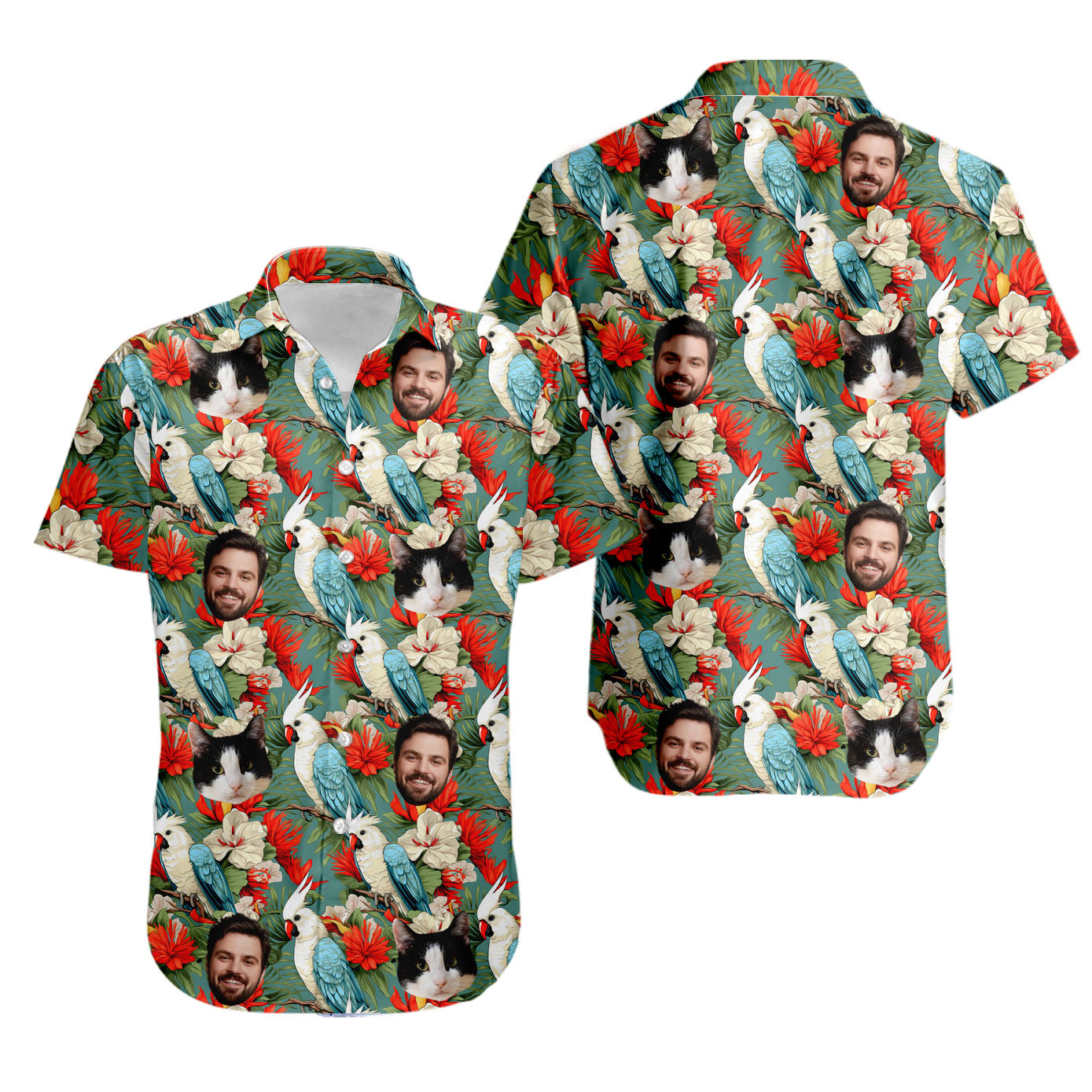 Retro Tropical Aloha Parrot Unisex Hawaiian Shirt with Pet or Human Face on it