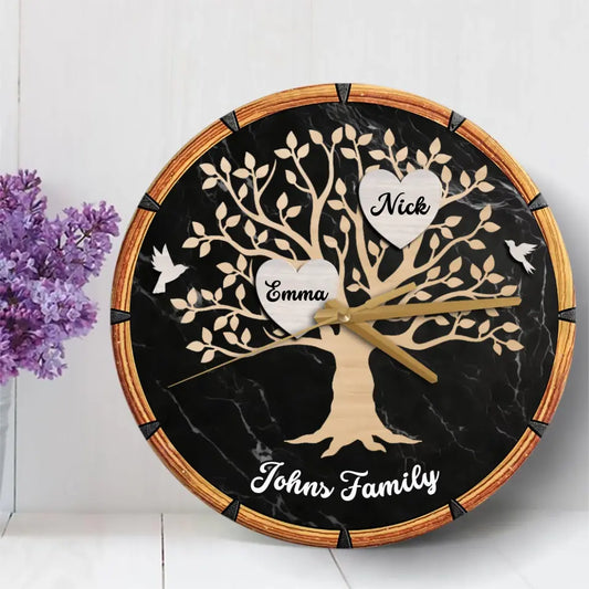 Gift for Family Tree with Name on Wooden Clock