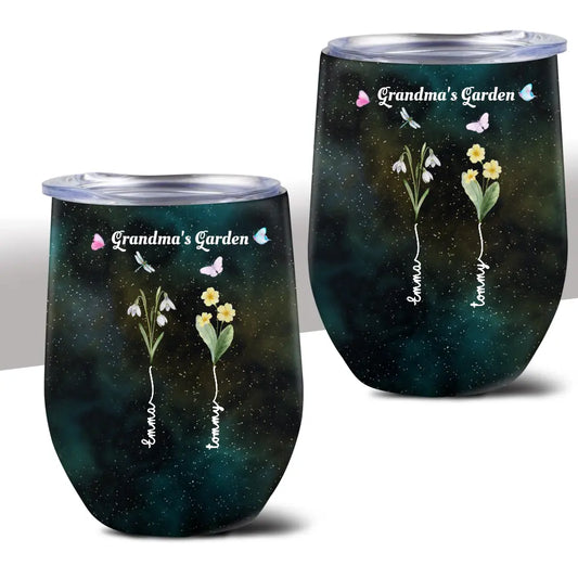 Grandma's Garden with Kids' Birth Month Flowers and Names Galaxy Wine Tumbler