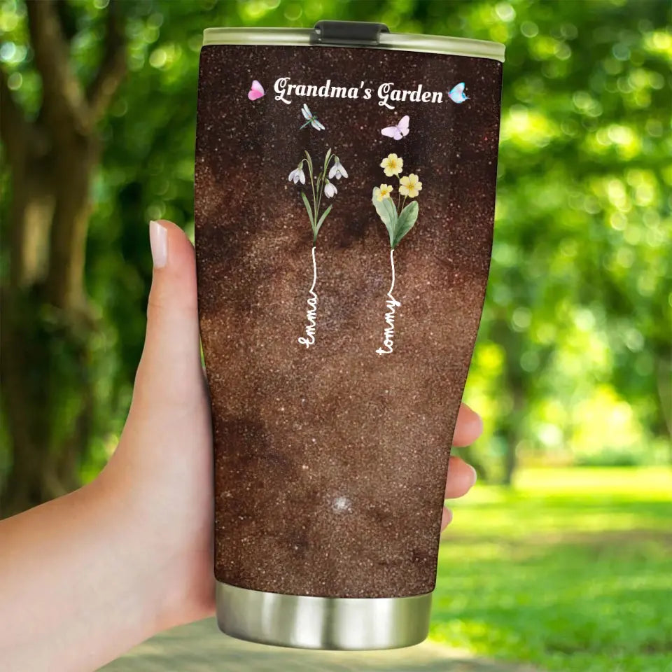 Grandma's Garden with Kids' Birth Month Flowers and Names Galaxy 30oz Tumbler