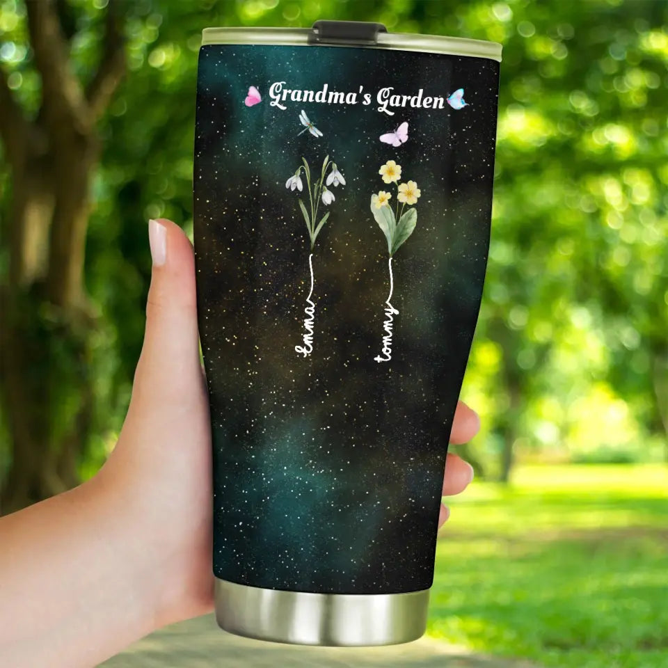 Grandma's Garden with Kids' Birth Month Flowers and Names Galaxy 30oz Tumbler