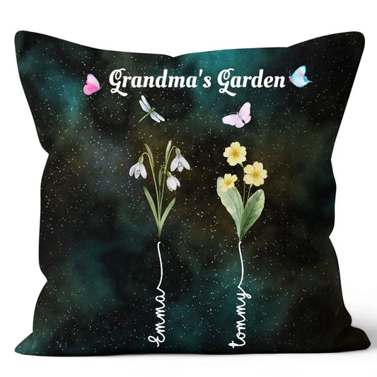 Grandma's Garden with Kids' Birth Month Flowers and Names Galaxy Pillow