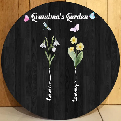 Grandma's Garden with Kids' Birth Month Flowers and Names Round Wooden Sign