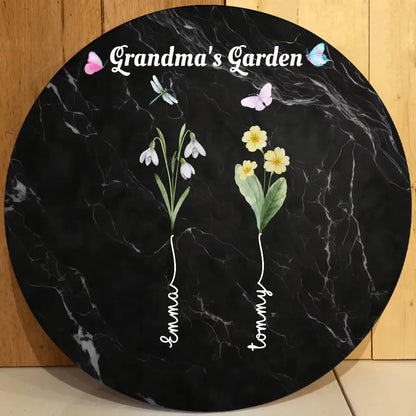 Grandma's Garden with Kids' Birth Month Flowers and Names Round Wooden Sign