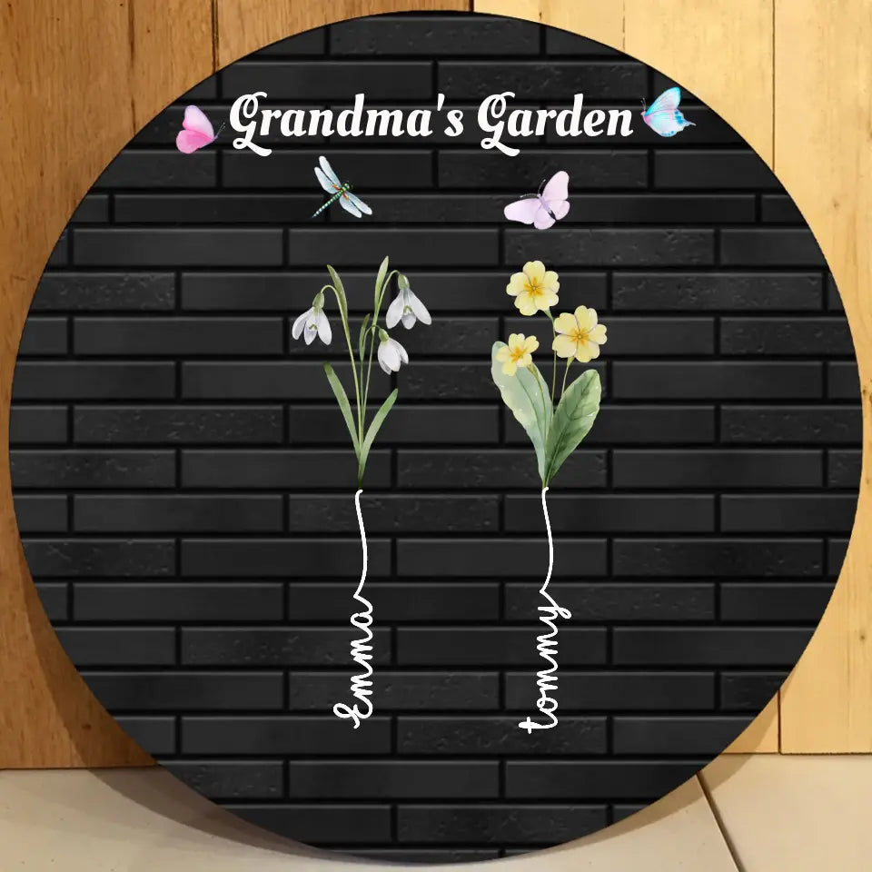 Grandma's Garden with Kids' Birth Month Flowers and Names Round Wooden Sign