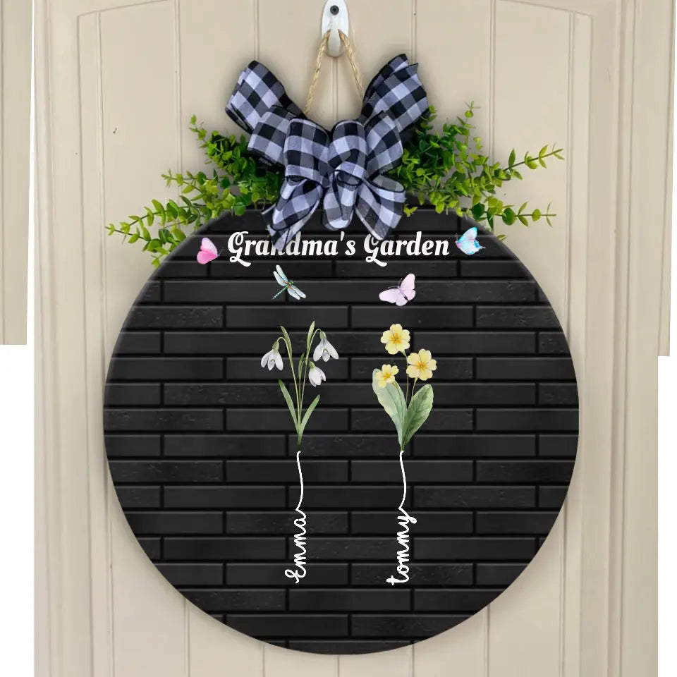 Grandma's Garden with Kids' Birth Month Flowers and Names Round Wooden Sign