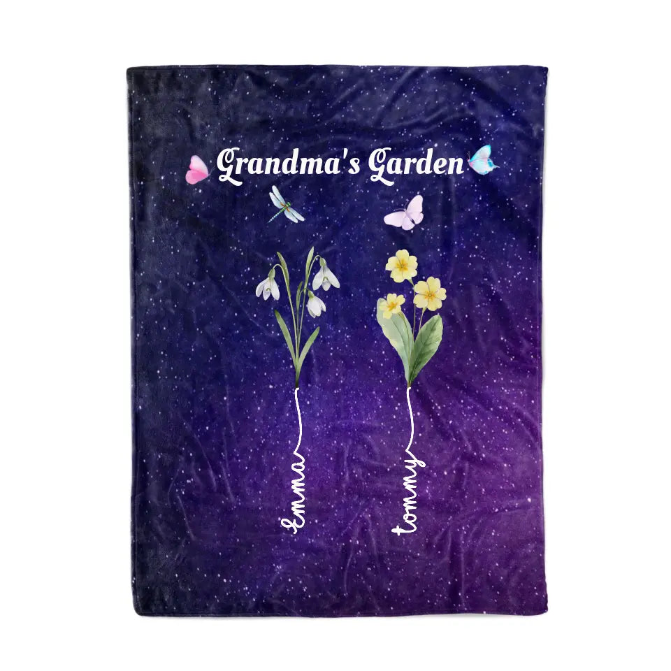 Grandma's Garden with Kids' Birth Month Flowers and Names Galaxy Blanket