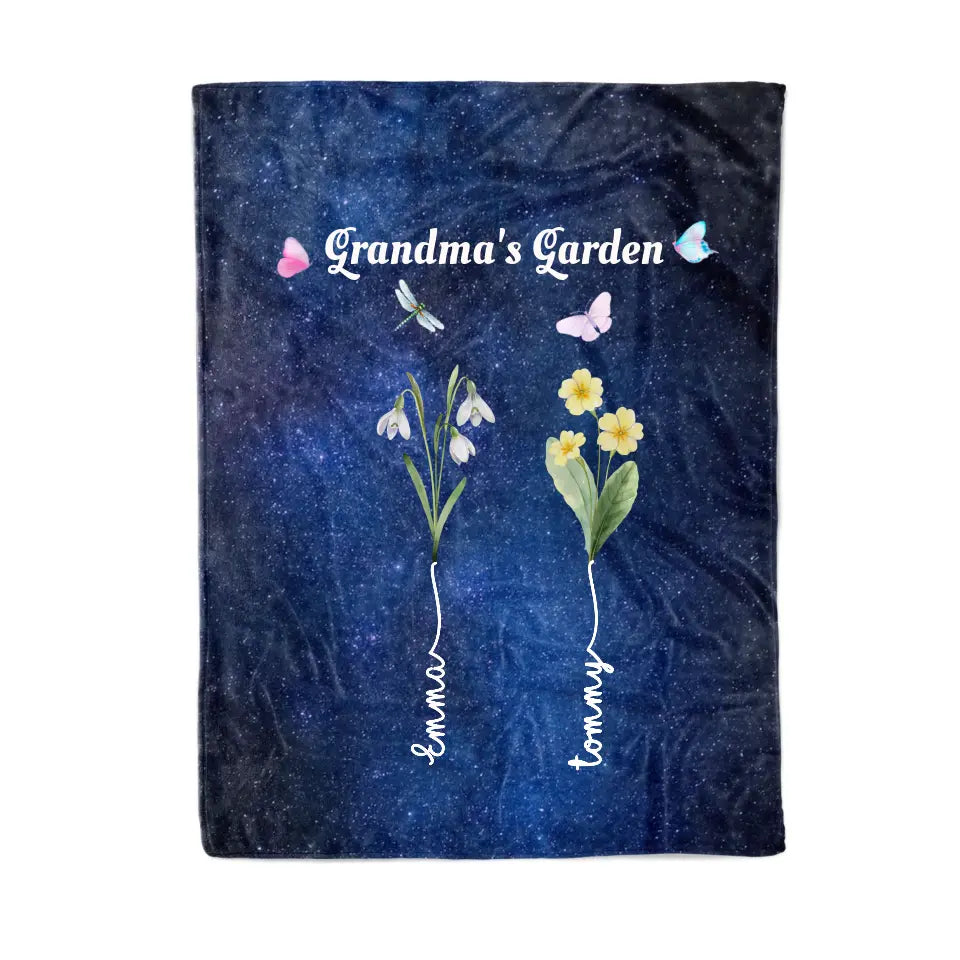 Grandma's Garden with Kids' Birth Month Flowers and Names Galaxy Blanket