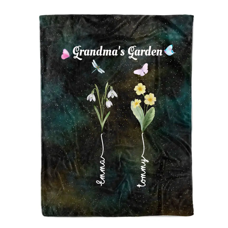 Grandma's Garden with Kids' Birth Month Flowers and Names Galaxy Blanket