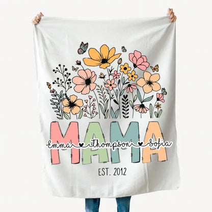 Mama Wildflowers with Kids Names Gift for Mother Mama Fleece Blanket