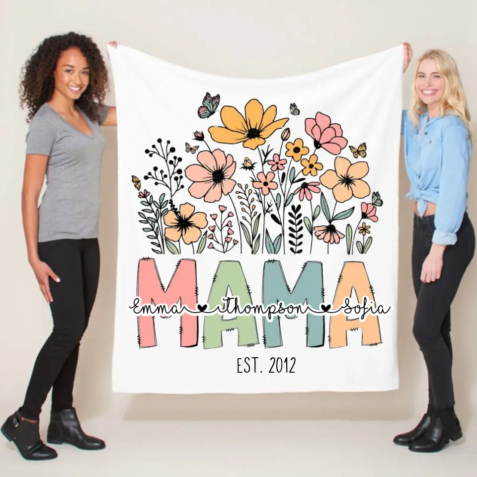 Mama Wildflowers with Kids Names Gift for Mother Mama Fleece Blanket