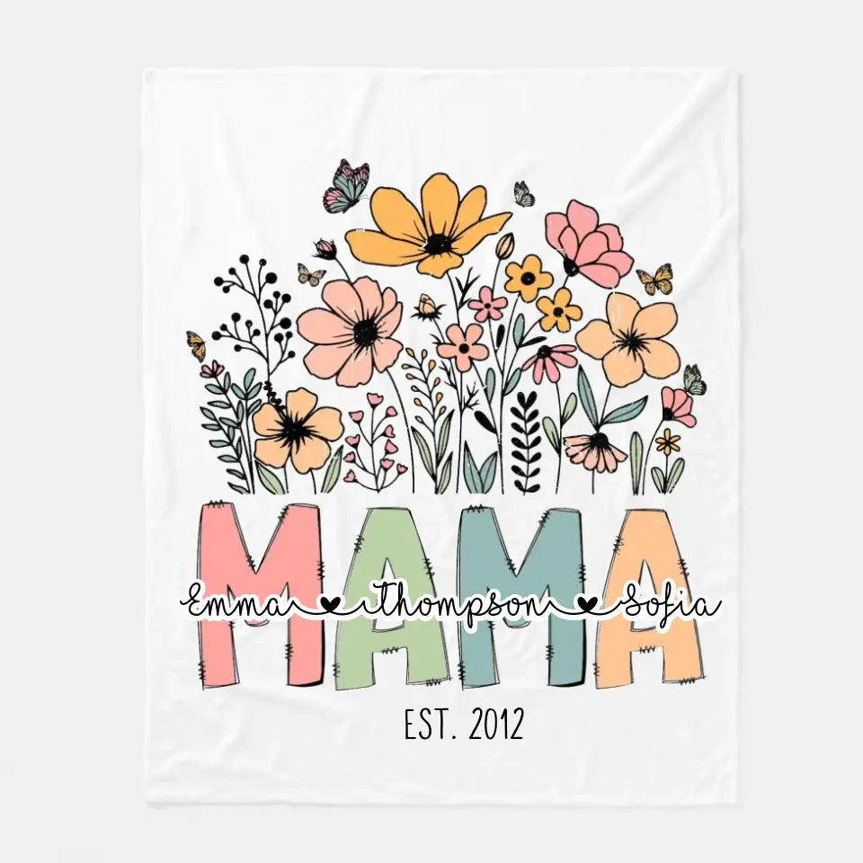 Mama Wildflowers with Kids Names Gift for Mother Mama Fleece Blanket