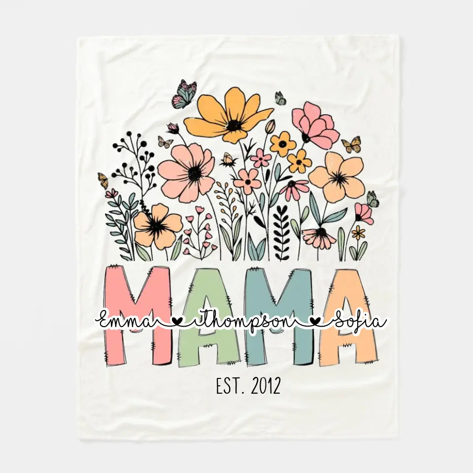 Mama Wildflowers with Kids Names Gift for Mother Mama Fleece Blanket