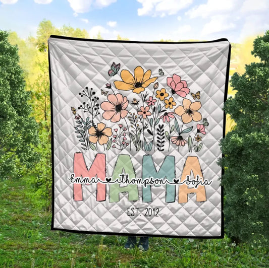 Mama Wildflowers with Kids Names Gift for Mother Mama Quilt Comforter