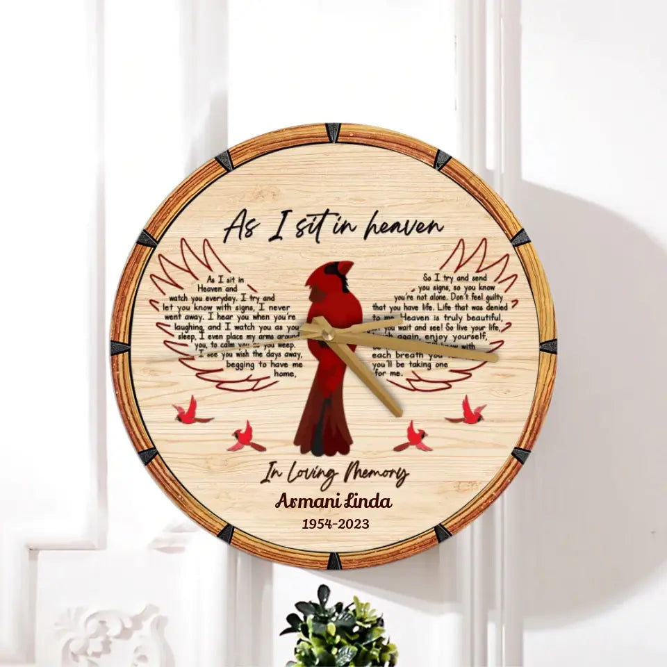 Remembrance Memorial Gifts As I Sit in Heaven Cardinal Wooden Clock