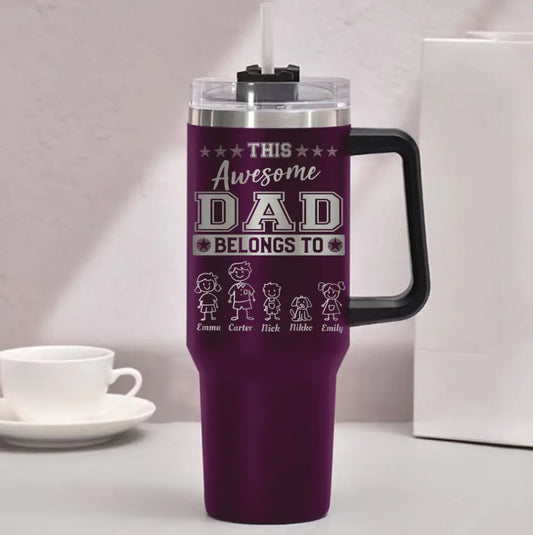 This Awesome Dad Grandpa Belongs To Kids Name Engraved 40oz Tumbler