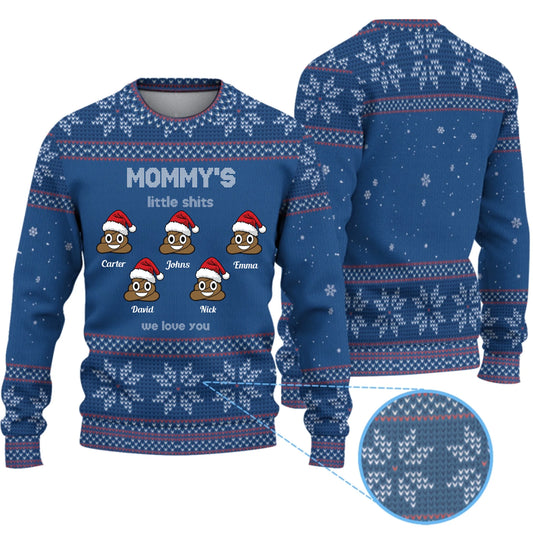 Personalized Mommy's Little Shits Knitted Ugly Sweater - Funny Knitted Ugly Sweater for Mom