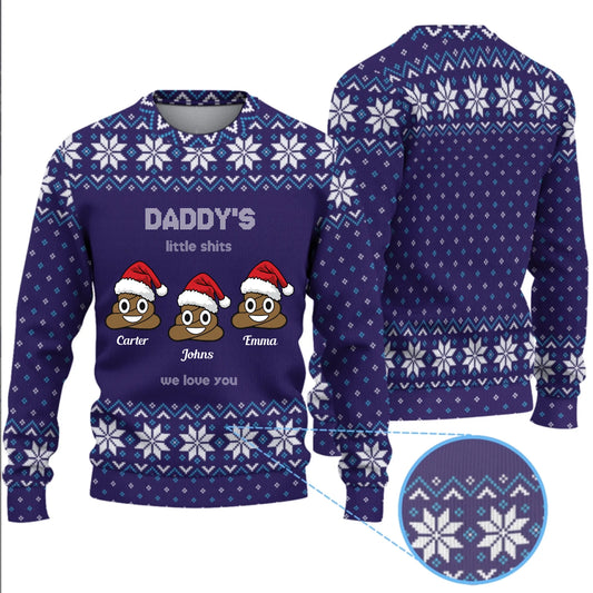 Personalized Daddy's Little Shits Knitted Ugly Sweater - Funny Knitted Ugly Sweater for Dad
