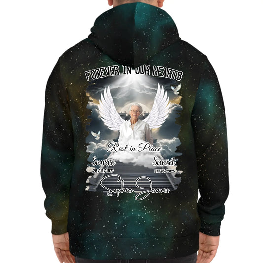 Personalized In Loving Memory Galaxy Hoodie – Forever in Our Hearts – Rest in Peace Tribute Hoodie for Loss of Loved One