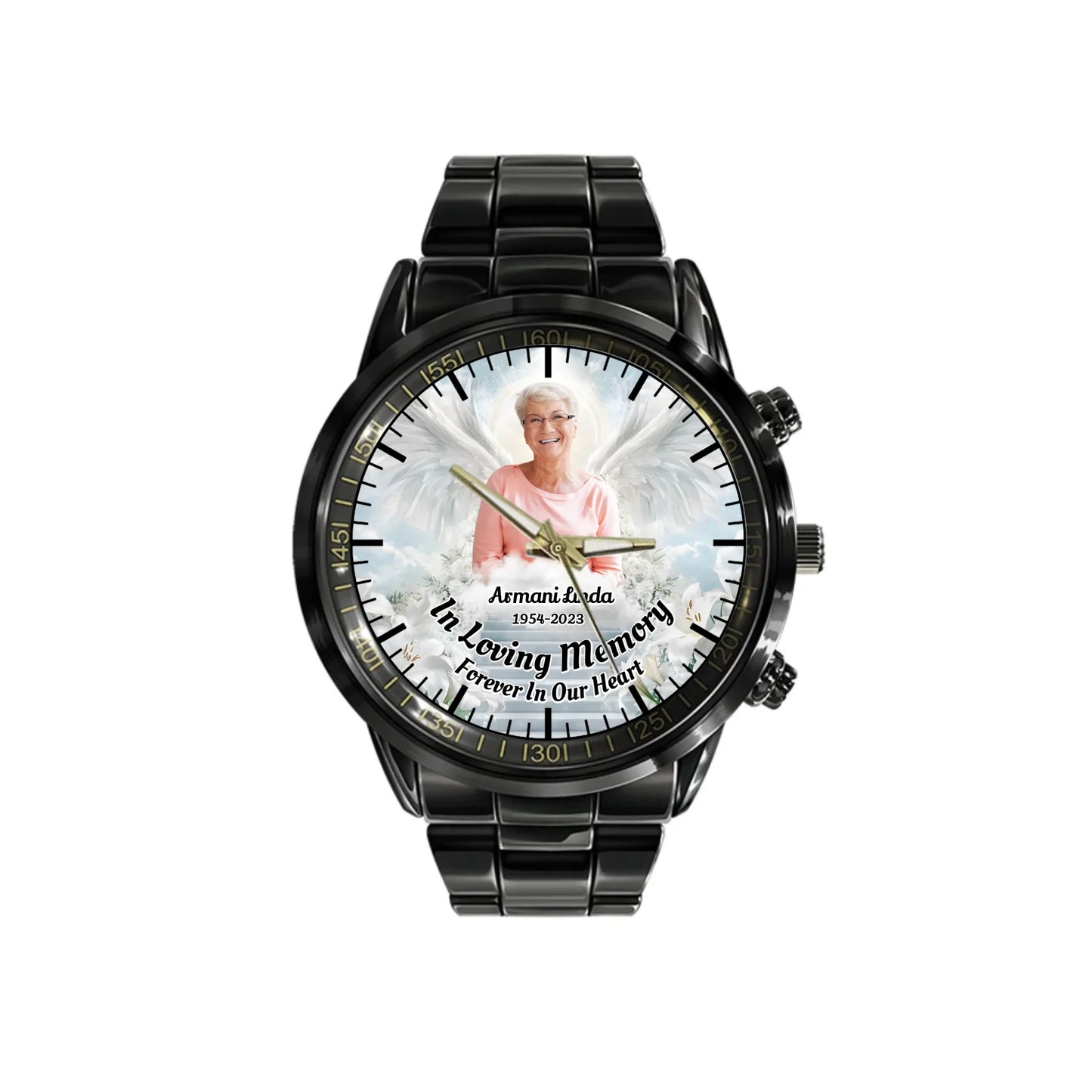Personalized Memorial Custom Photo Black Stainless Steel Watch – Remembrance Watch for Loss of Loved One