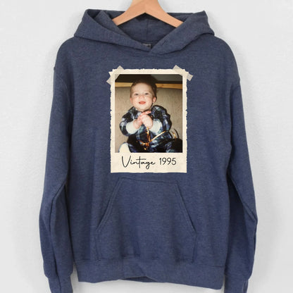 Custom Vintage Photo And Year Birthday Hoodie – Personalized 30th Birthday Party Vintage Est Hooded Sweatshirt