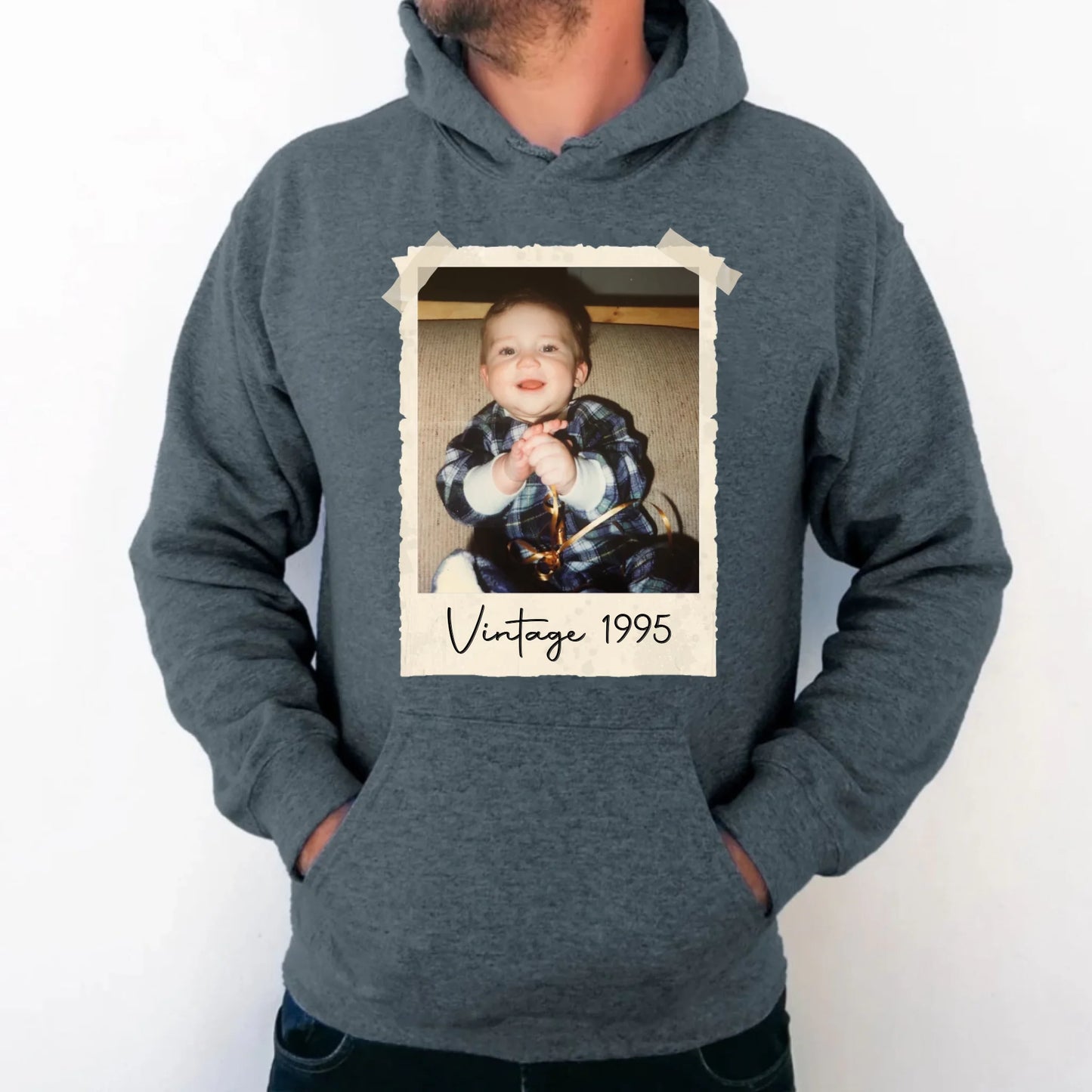 Custom Vintage Photo And Year Birthday Hoodie – Personalized 30th Birthday Party Vintage Est Hooded Sweatshirt