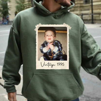 Custom Vintage Photo And Year Birthday Hoodie – Personalized 30th Birthday Party Vintage Est Hooded Sweatshirt