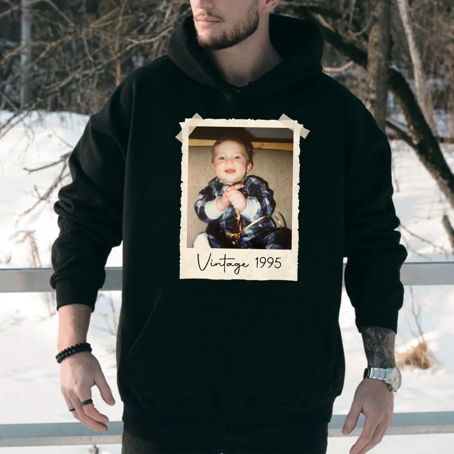 Custom Vintage Photo And Year Birthday Hoodie – Personalized 30th Birthday Party Vintage Est Hooded Sweatshirt