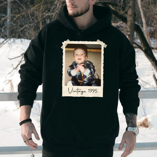 Custom Vintage Photo And Year Birthday Hoodie – Personalized 30th Birthday Party Vintage Est Hooded Sweatshirt