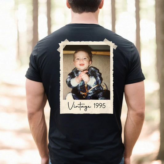 Custom Photo Birthday Unisex T-Shirt – Vintage Year Back Print Tee – Personalized 30th Birthday Shirt