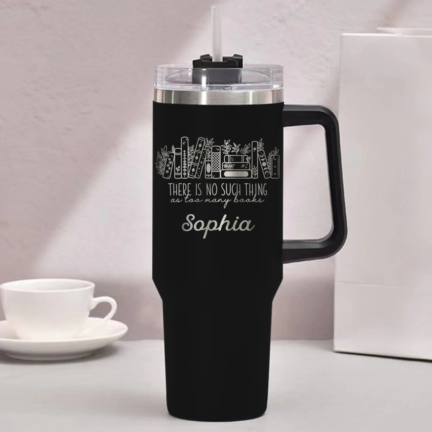 Personalized Floral Books Engraved 40oz Tumbler – Bookshelf Tumbler – There Is No Such Thing As Too Many Books Tumbler
