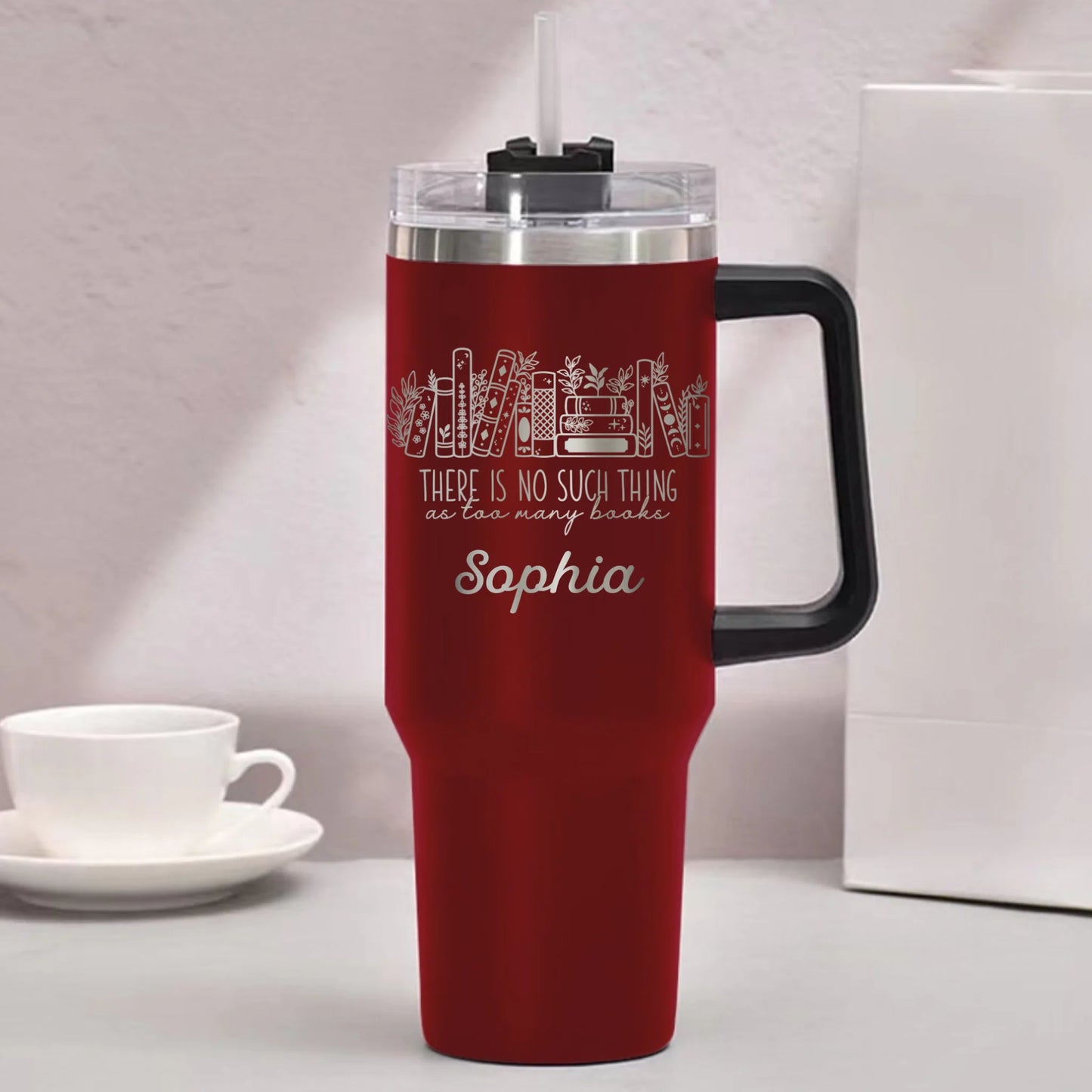 Personalized Floral Books Engraved 40oz Tumbler – Bookshelf Tumbler – There Is No Such Thing As Too Many Books Tumbler