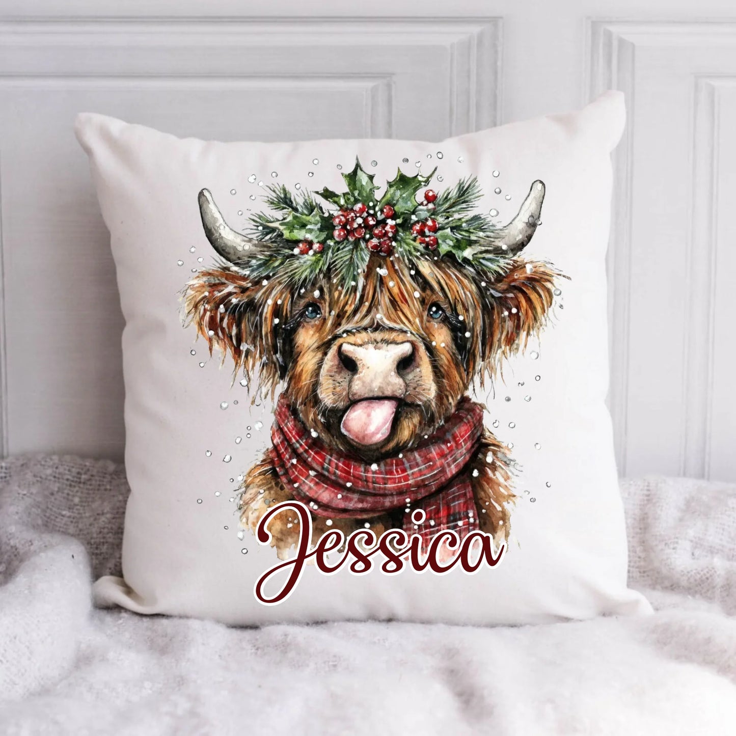 Christmas Highland Cow Personalized Pillow