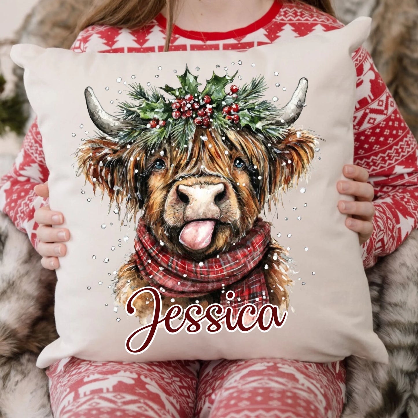 Christmas Highland Cow Personalized Pillow