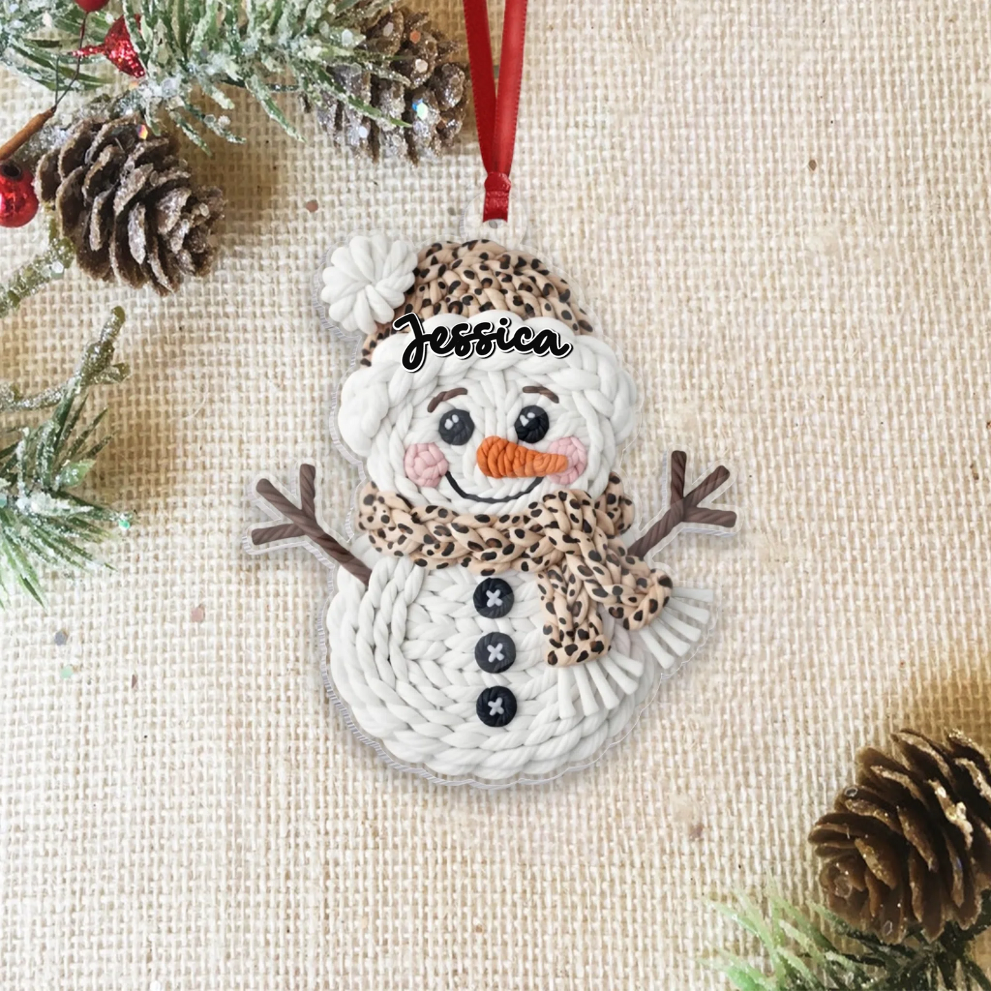 Crochet Print Christmas Snowman Acrylic Ornament – Personalized Holiday Snowman Acrylic Ornament-2