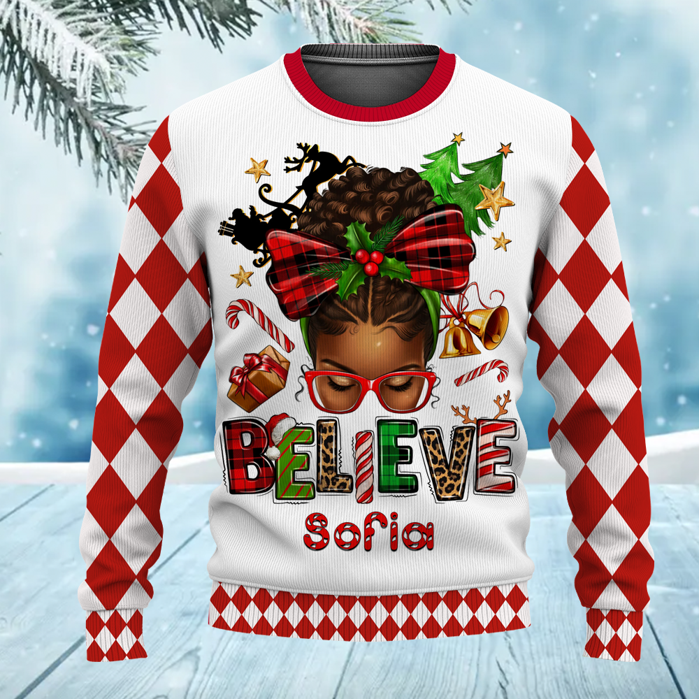 Custom Name Believe Merry Christmas African American Girl Ugly Sweater for Women