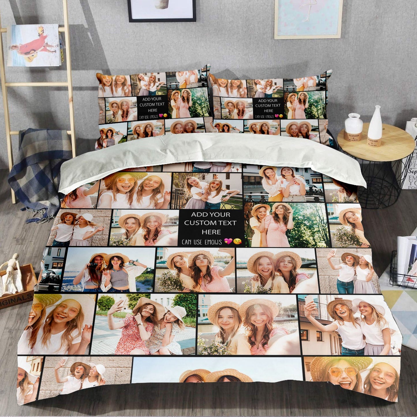 Create a Gift for Best Friend with Collage Photo & Text on Bedding Set