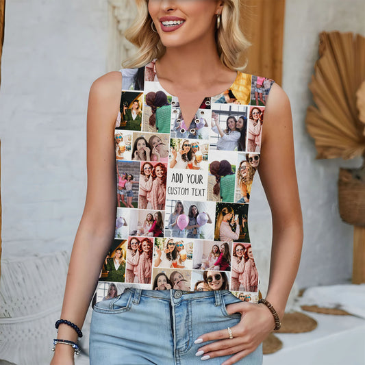 Create Your Own Women Split Neck Tank Top with Collage Photo & Text