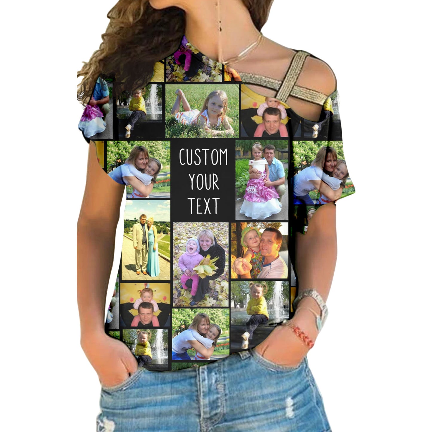 Create a Custom Collage Photo & Text on One Shoulder Shirt for Women