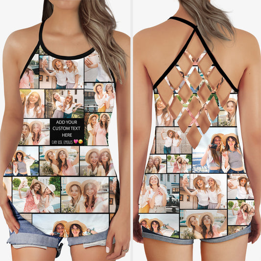 Create a Gift for Best Friend with Collage Photo & Text on Criss Cross Tank Top