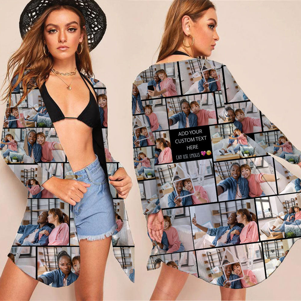 Create a Gift for Best Friend with Collage Photo & Text on AOP Beach Kimono