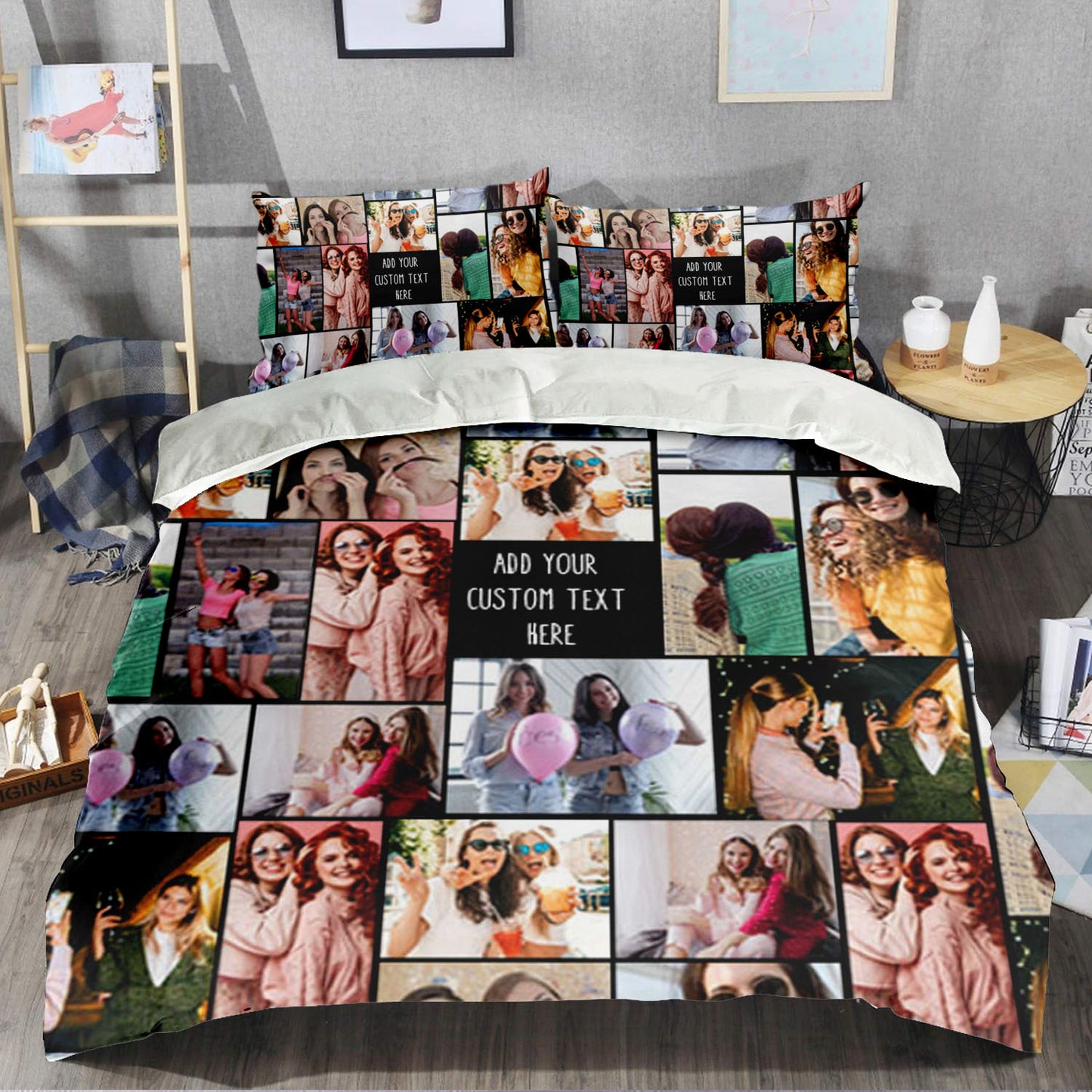Create a Gift for Best Friend with Collage Photo & Text on Bedding Set