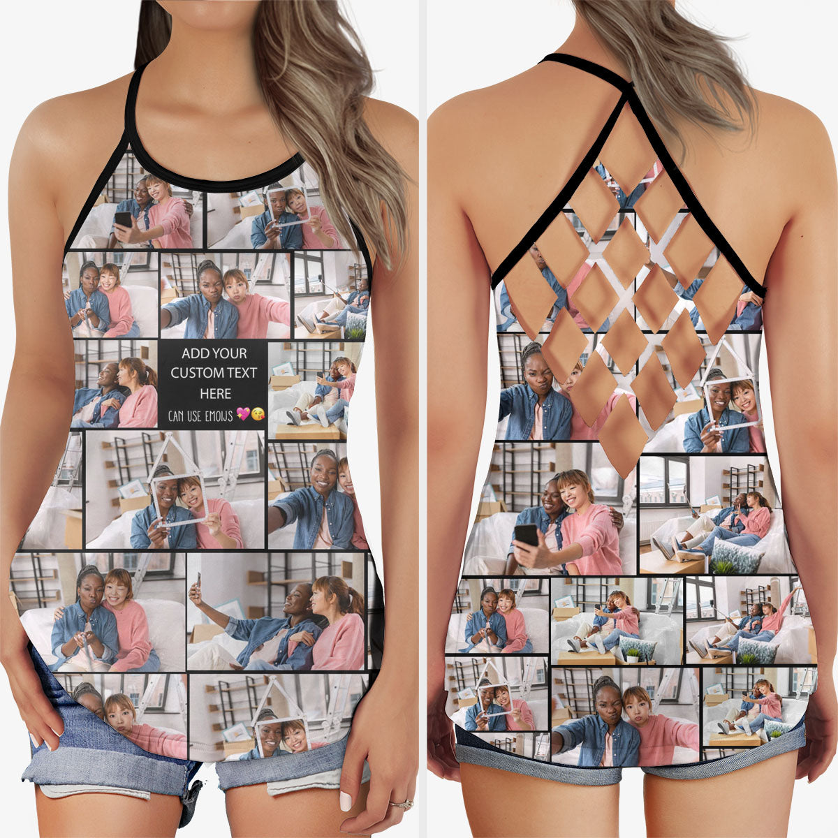 Create a Gift for Best Friend with Collage Photo & Text on Criss Cross Tank Top